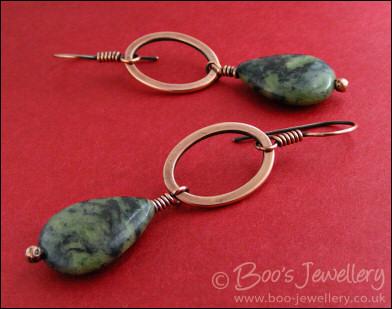 Antiqued copper oval link earrings with Chinese green jade