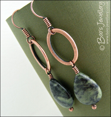 Antiqued copper oval link earrings with Chinese green jade