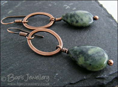 Antiqued copper oval link earrings with Chinese green jade
