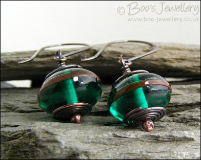 Oxidised copper with green glass long drop earrings