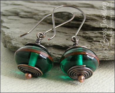 Oxidised copper with green glass long drop earrings