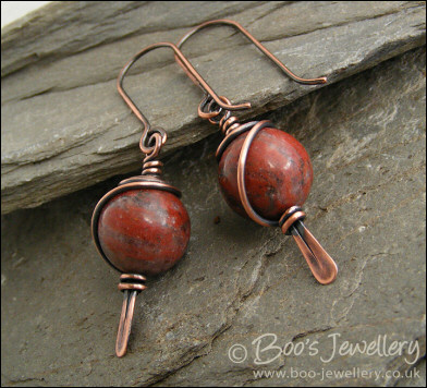 Antiqued copper and red flower marble earrings