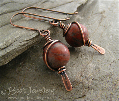 Antiqued copper and red flower marble earrings