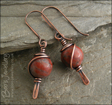 Antiqued copper and red flower marble earrings