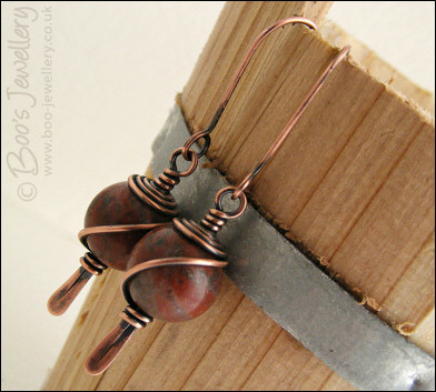 Antiqued copper and red flower marble earrings