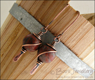 Antiqued copper and red flower marble earrings