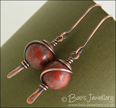 Antiqued copper and red flower marble earrings