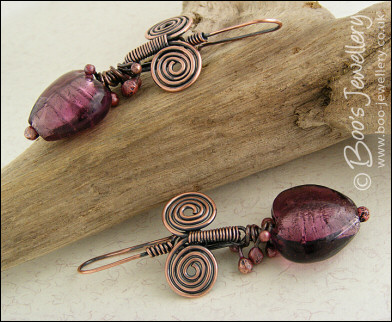 Egyptian spirals and purple glass heart earrings