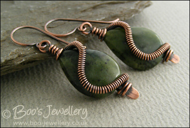 Antiqued copper and Chinese green jade teardrop earrings