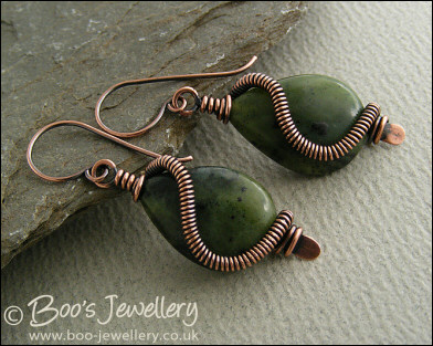 Antiqued copper and Chinese green jade teardrop earrings