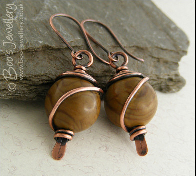 Mustard jasper earrings spiral wrapped in antiqued copper