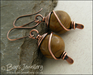 Mustard jasper earrings spiral wrapped in antiqued copper