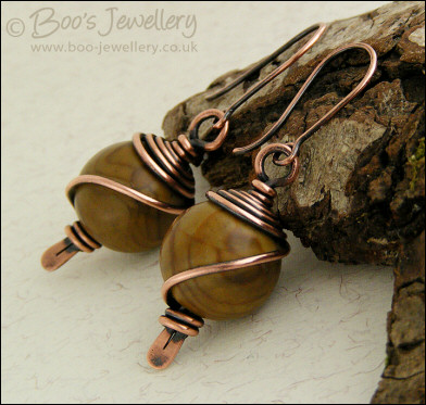 Mustard jasper earrings spiral wrapped in antiqued copper