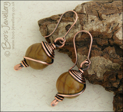 Mustard jasper earrings spiral wrapped in antiqued copper
