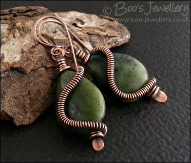 Antiqued copper and Chinese green jade teardrop earrings