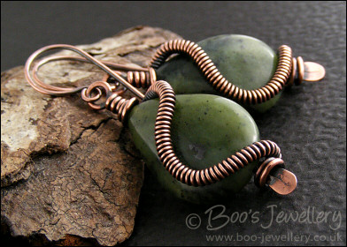Antiqued copper and Chinese green jade teardrop earrings