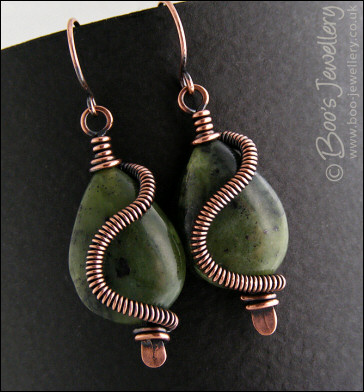 Antiqued copper and Chinese green jade teardrop earrings