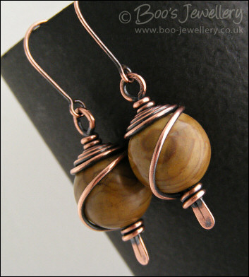 Mustard jasper earrings spiral wrapped in antiqued copper