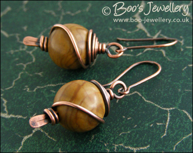 Mustard jasper earrings spiral wrapped in antiqued copper