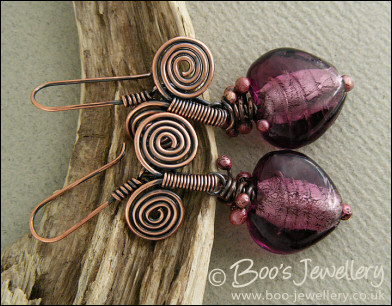 Egyptian spirals and purple glass heart earrings
