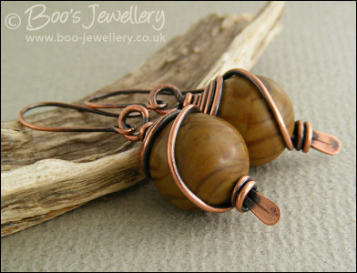 Mustard jasper earrings spiral wrapped in antiqued copper