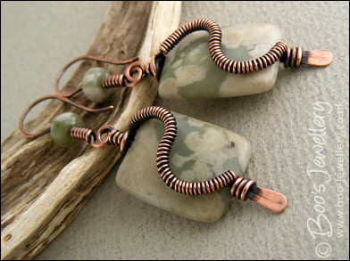 Copper spiralled Peace Jade pillow earrings