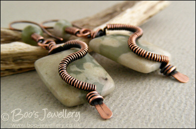 Copper spiralled Peace Jade pillow earrings