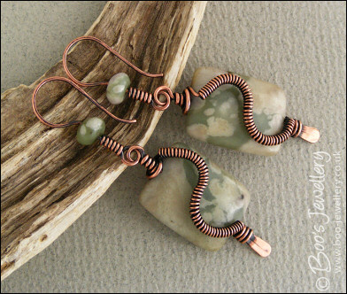 Copper spiralled Peace Jade pillow earrings