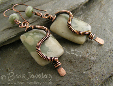 Copper spiralled Peace Jade pillow earrings
