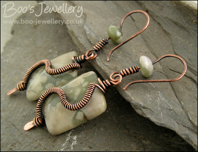Copper spiralled Peace Jade pillow earrings
