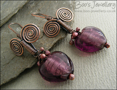 Egyptian spirals and purple glass heart earrings
