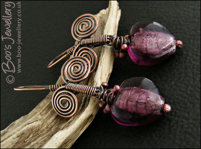 Egyptian spirals and purple glass heart earrings