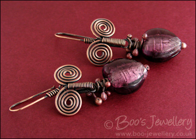 Egyptian spirals and purple glass heart earrings