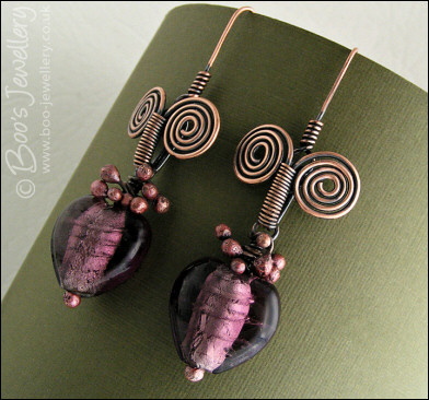Egyptian spirals and purple glass heart earrings