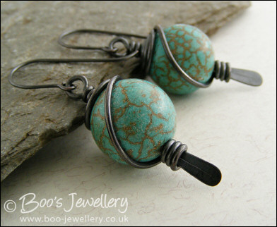 Chalk turquoise and oxed copper spiral wrapped earrings - made to order