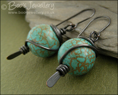 Chalk turquoise and oxed copper spiral wrapped earrings - made to order