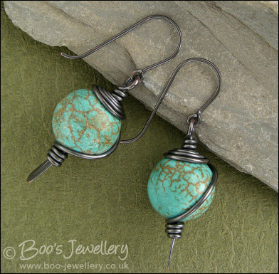 Chalk turquoise and oxed copper spiral wrapped earrings - made to order