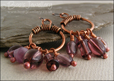 RESERVED - Copper hoop and mauve glass earrings