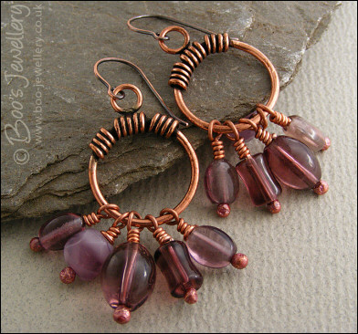 RESERVED - Copper hoop and mauve glass earrings