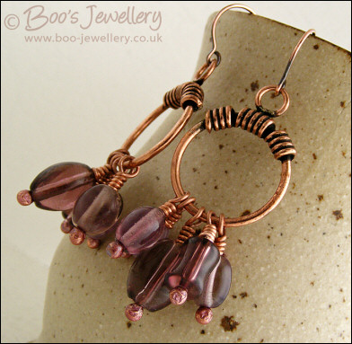 RESERVED - Copper hoop and mauve glass earrings