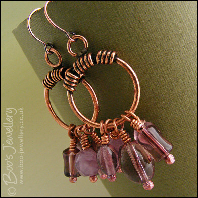 RESERVED - Copper hoop and mauve glass earrings