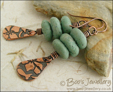 Copper teardrop charm and polymer clay pebble earrings