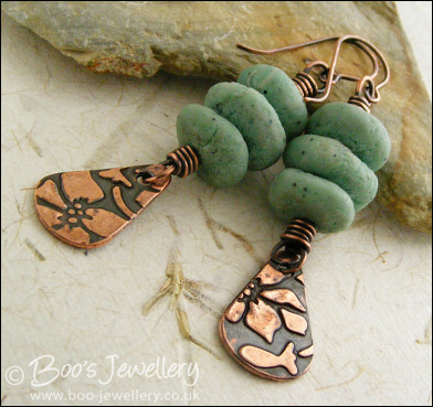 Copper teardrop charm and polymer clay pebble earrings