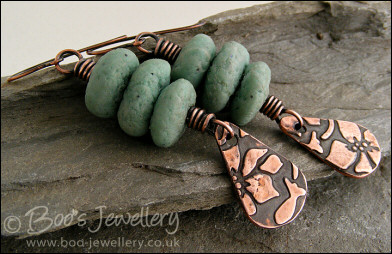 Copper teardrop charm and polymer clay pebble earrings