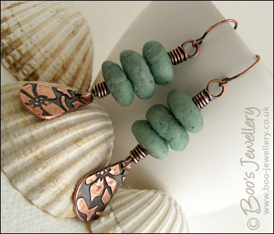 Copper teardrop charm and polymer clay pebble earrings