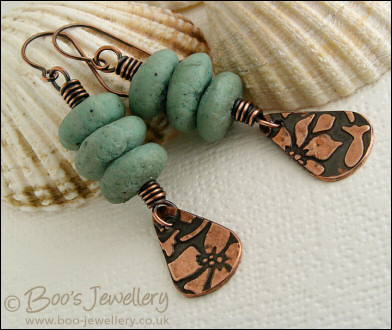 Copper teardrop charm and polymer clay pebble earrings