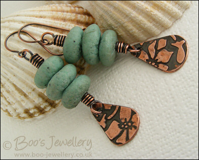 Copper teardrop charm and polymer clay pebble earrings