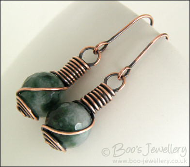 Faceted jade and antiqued copper rosebud knot wrap earrings