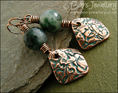 Copper and green jade necklace and earring set with crackled charms