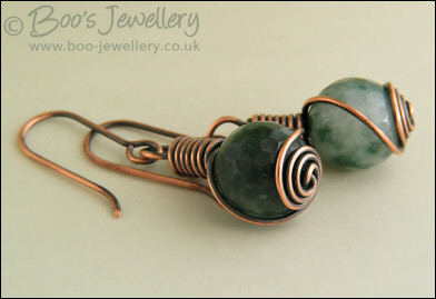Faceted jade and antiqued copper rosebud knot wrap earrings